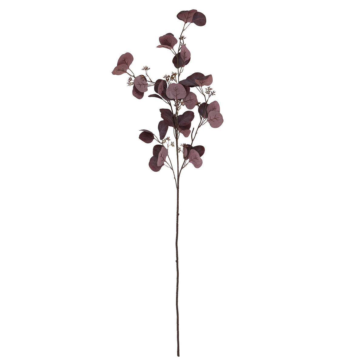 Full view of a long artificial foliage stem with dark-brown branches, rounded burgundy leaves and small bud-like clusters against white.