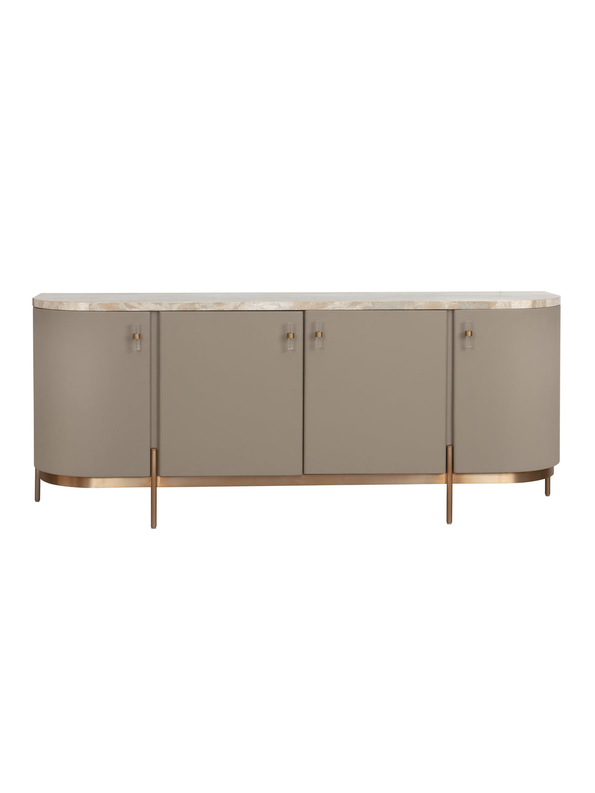 Front view of a rounded sideboard with four taupe doors, a marble top and slender legs on a brushed-gold base, against a white background.