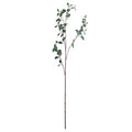 Full view of an artificial eucalyptus stem with a long dark brown base and branching sprays of rounded green leaves against white.