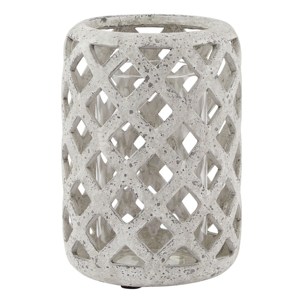 Full view of a pale grey lantern with rounded corners, open diamond lattice and a clear cylinder visible inside.