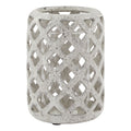 Full view of a pale grey lantern with rounded corners, open diamond lattice and a clear cylinder visible inside.