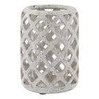 Full view of a pale grey lantern with rounded corners, open diamond lattice and a clear cylinder visible inside.