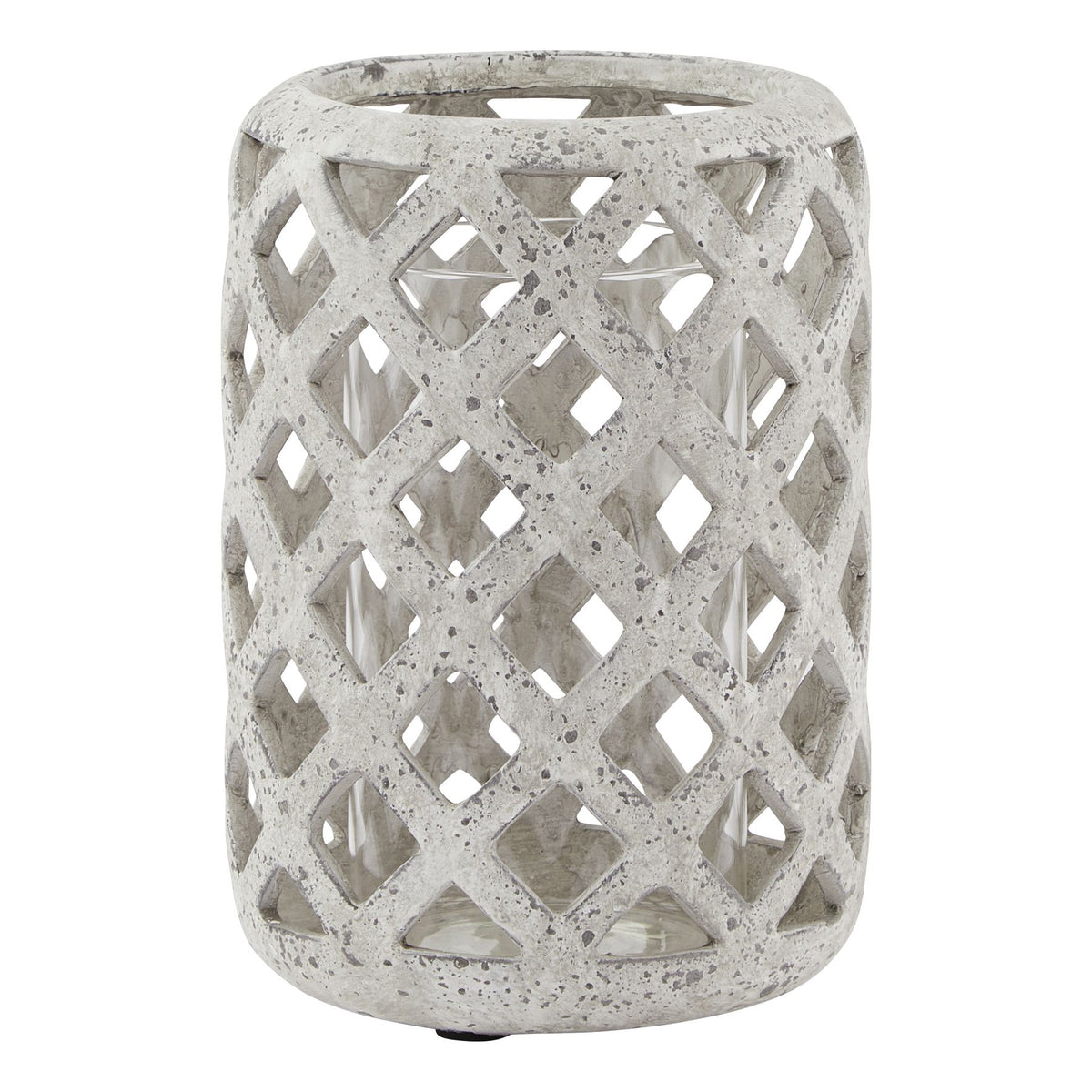 Full view of a pale grey lantern with rounded corners, open diamond lattice and a clear cylinder visible inside.