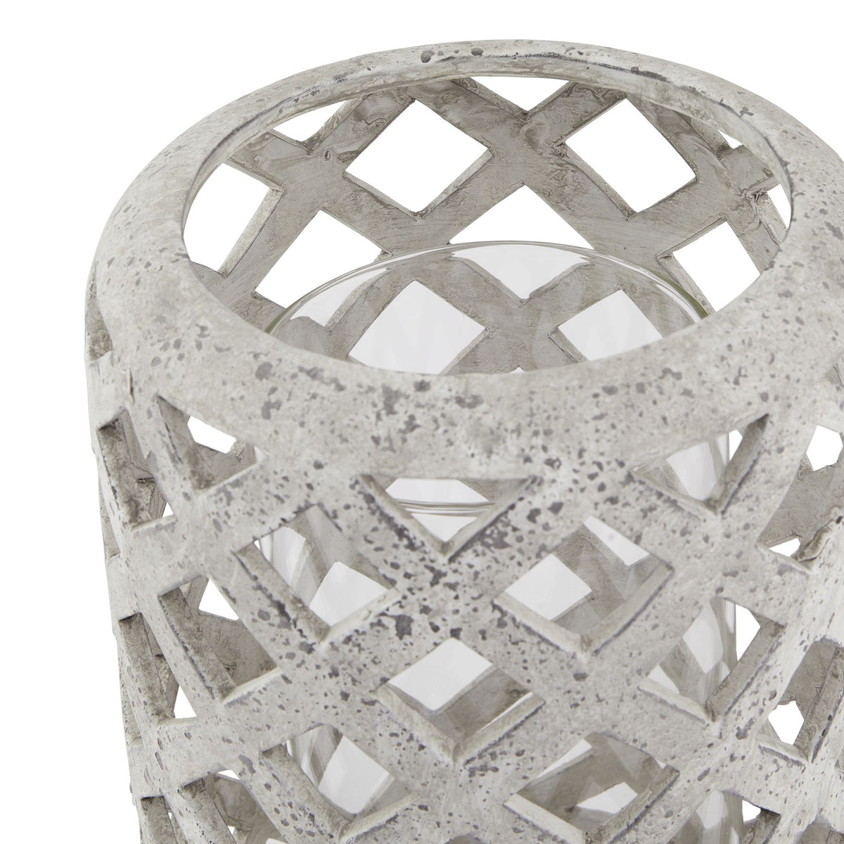 Close view looking into the lantern's open top, showing the rounded speckled rim, diamond lattice and clear inner cylinder.