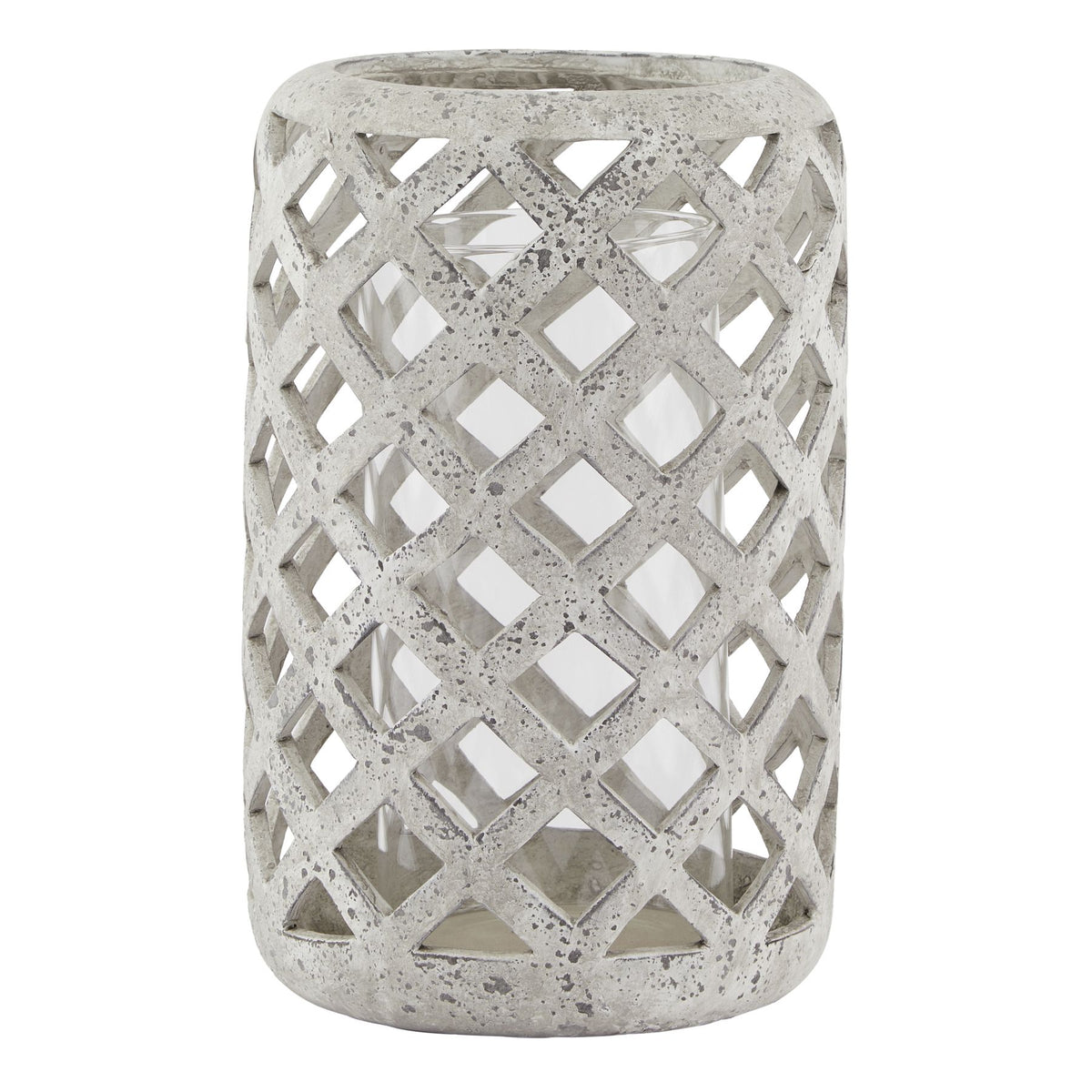 Full view of a tall pale grey lantern with a rounded diamond-lattice shell and a clear cylindrical insert visible inside.