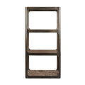 Front view of the rounded rectangular shelving unit with glass shelving and a veined brown marble base shelf.