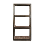 Front view of the rounded rectangular shelving unit with glass shelving and a veined brown marble base shelf.