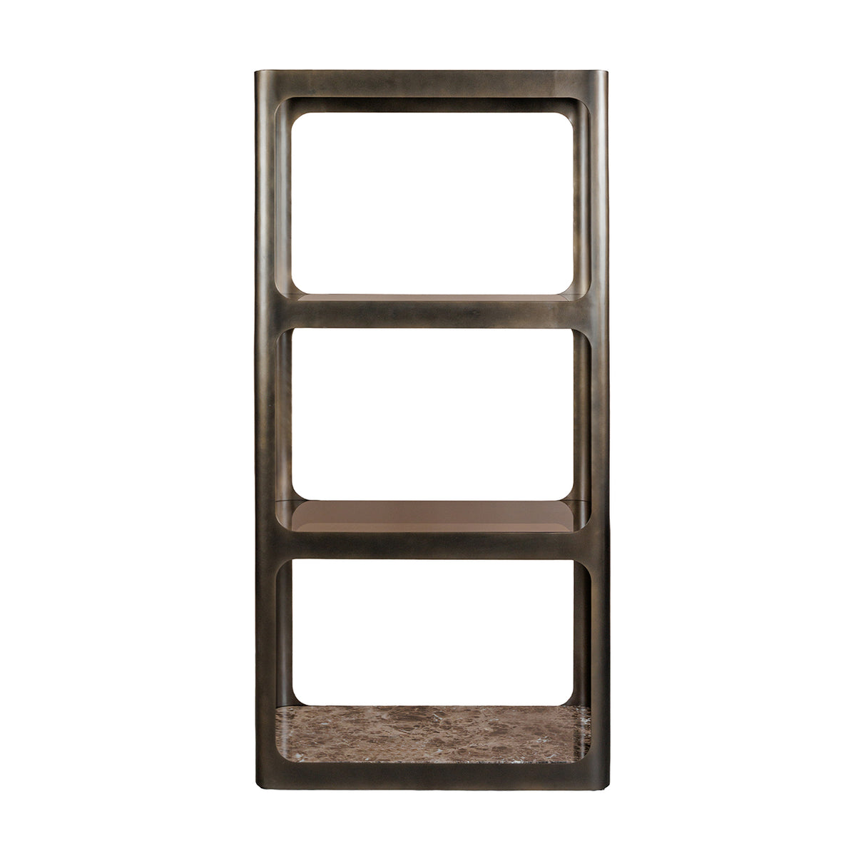 Front view of the rounded rectangular shelving unit with glass shelving and a veined brown marble base shelf.