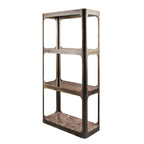 Angled view of the shelving unit showing its rounded frame openings, open sides, brown-tinted glass shelving and marble base shelf.