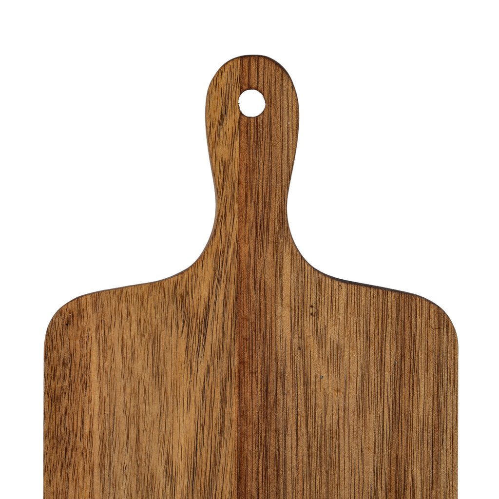 Close-up of the serving board's rounded handle and circular hanging hole, showing fine dark grain lines and curved shoulders.