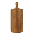 Full face of the brown grained rectangular serving board, with rounded corners and a narrow curved handle with a circular hole.