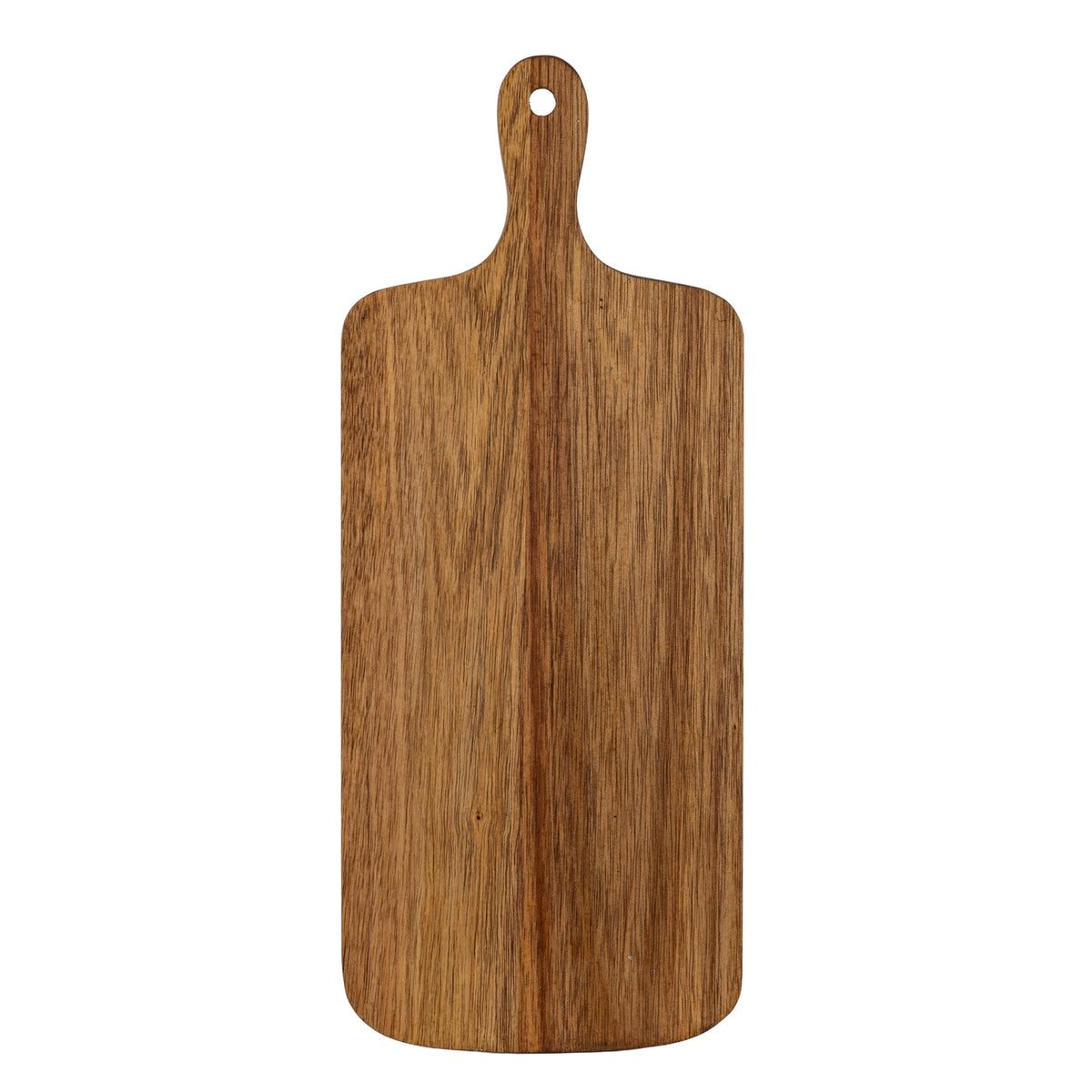Full face of the brown grained rectangular serving board, with rounded corners and a narrow curved handle with a circular hole.