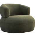 Green bouclé occasional chair viewed from the front at a slight angle, showing its curved back, rounded arms and upholstered base against white.