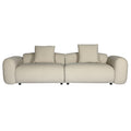 Front view of a pale fabric sofa with rounded arms, two broad seat sections, two matching square cushions and small dark feet against a white background.