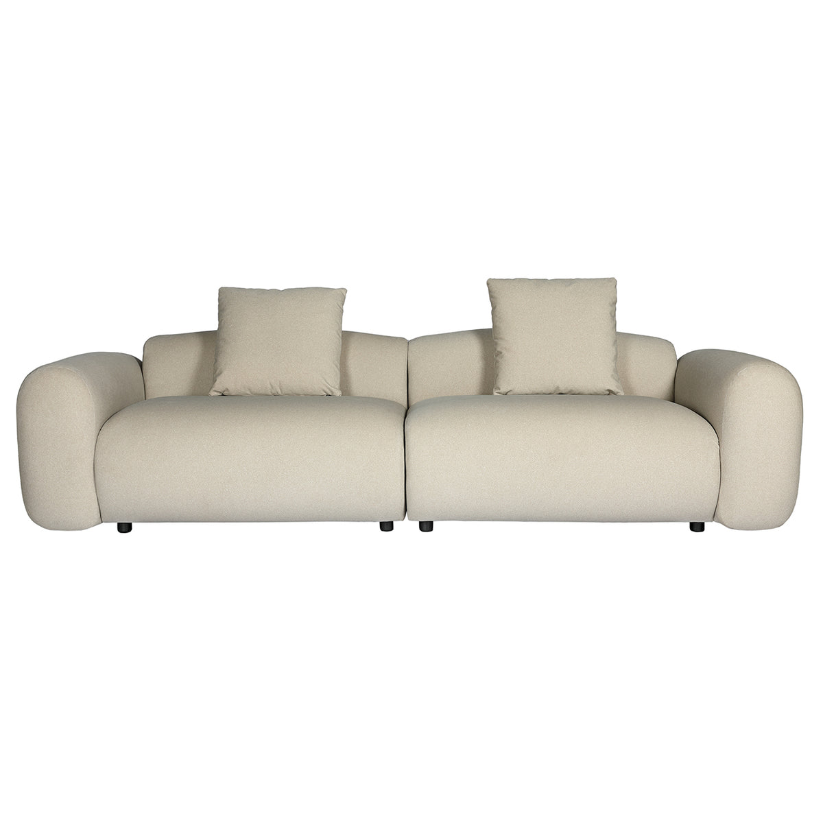 Front view of a pale fabric sofa with rounded arms, two broad seat sections, two matching square cushions and small dark feet against a white background.