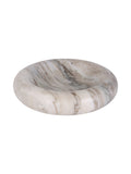 Beige marble bowl viewed from above at an angle, showing its broad rounded rim and grey and brown veining.