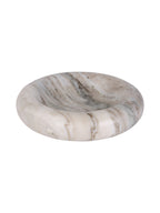 Beige marble bowl viewed from above at an angle, showing its broad rounded rim and grey and brown veining.