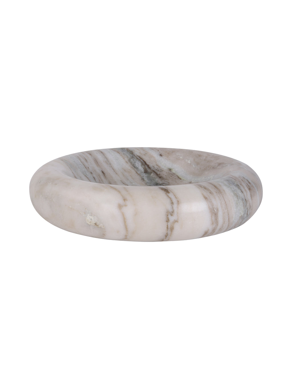 Low side view of the beige marble bowl, showing the curved outer rim and shallow interior.
