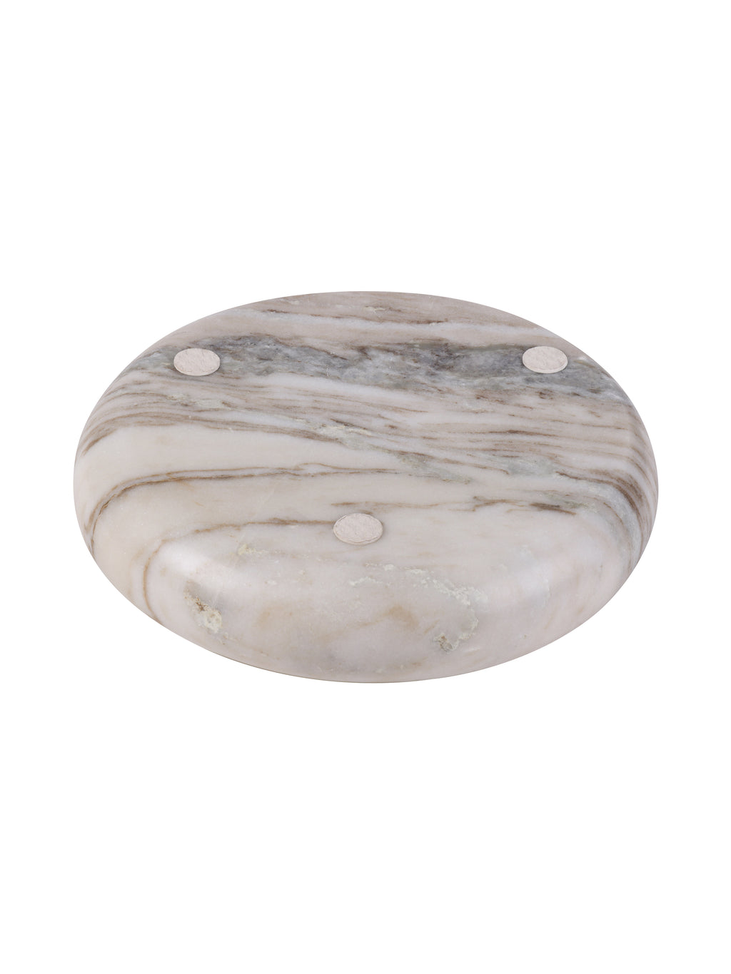 Underside of the marble bowl with bands of natural veining and three pale circular pads.