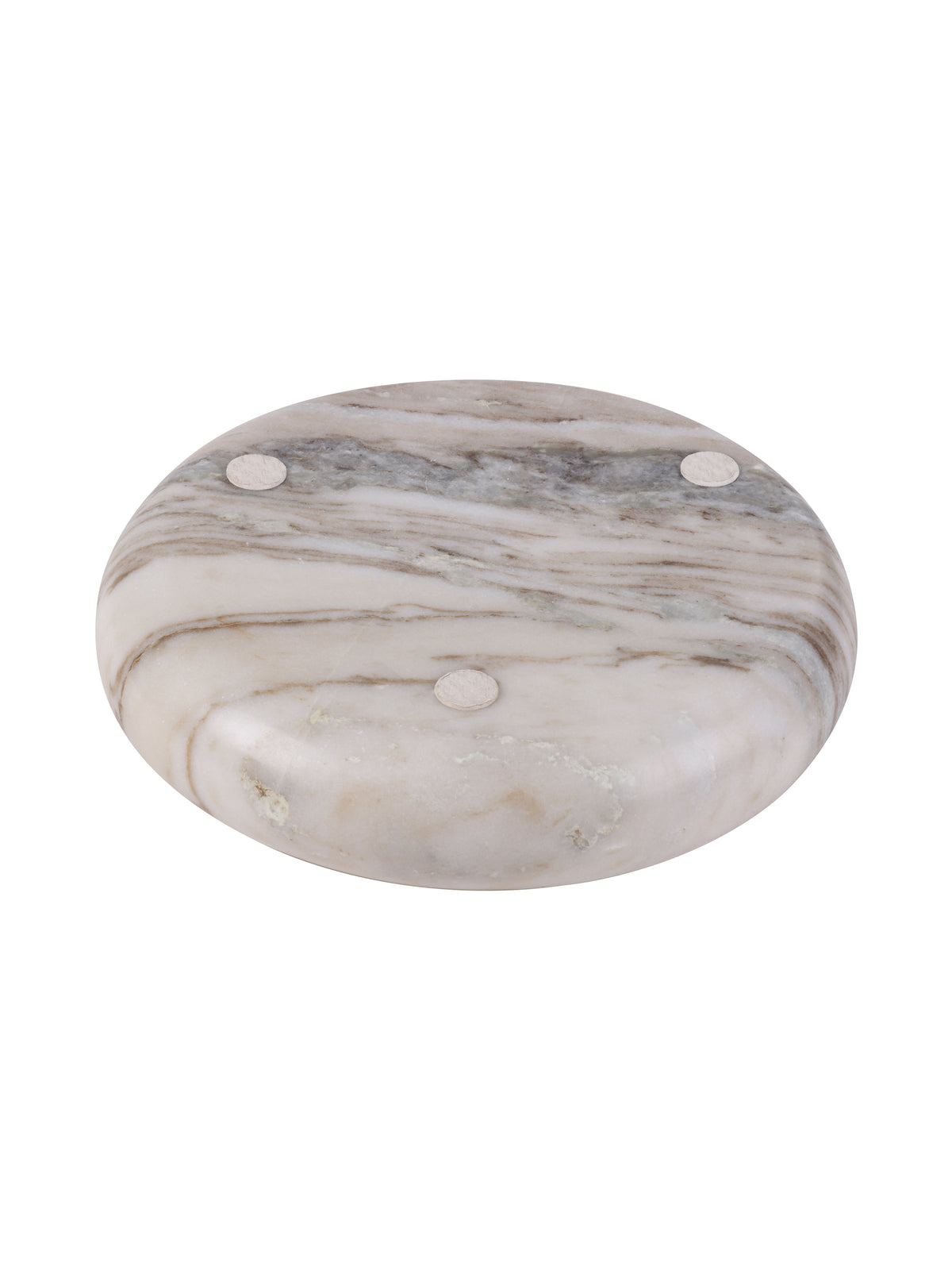 Underside of the marble bowl with bands of natural veining and three pale circular pads.
