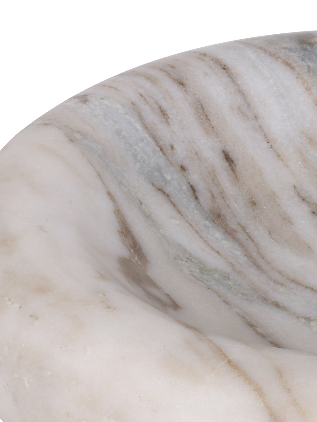 Close-up of the bowl's curved inner edge, showing pale beige stone with grey bands and fine brown veins.