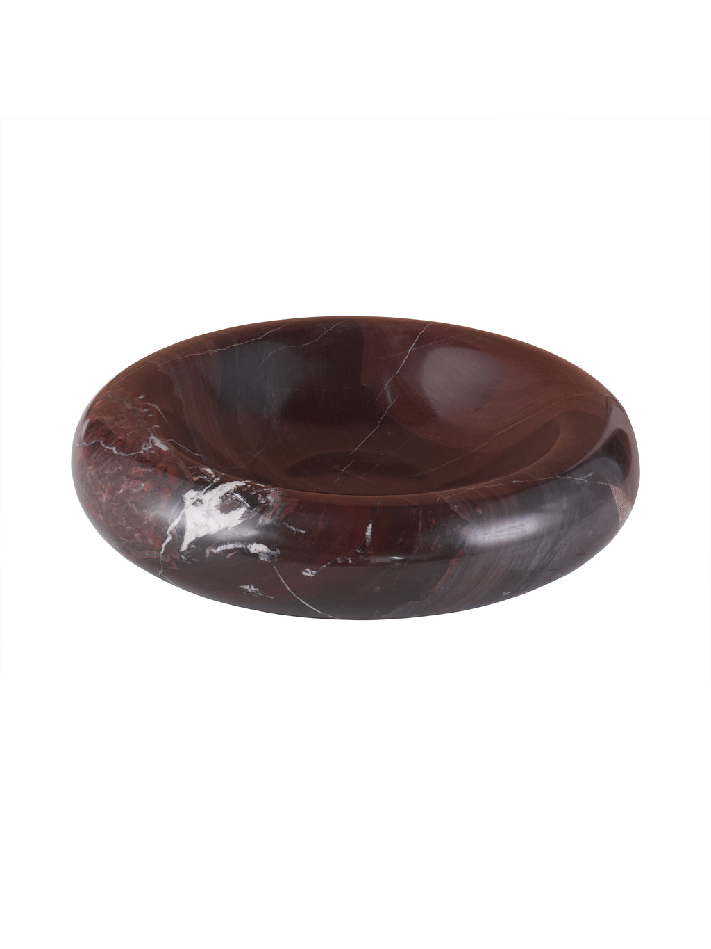 Angled view of a low red marble bowl with a broad rounded rim and pale natural veining on a white background.