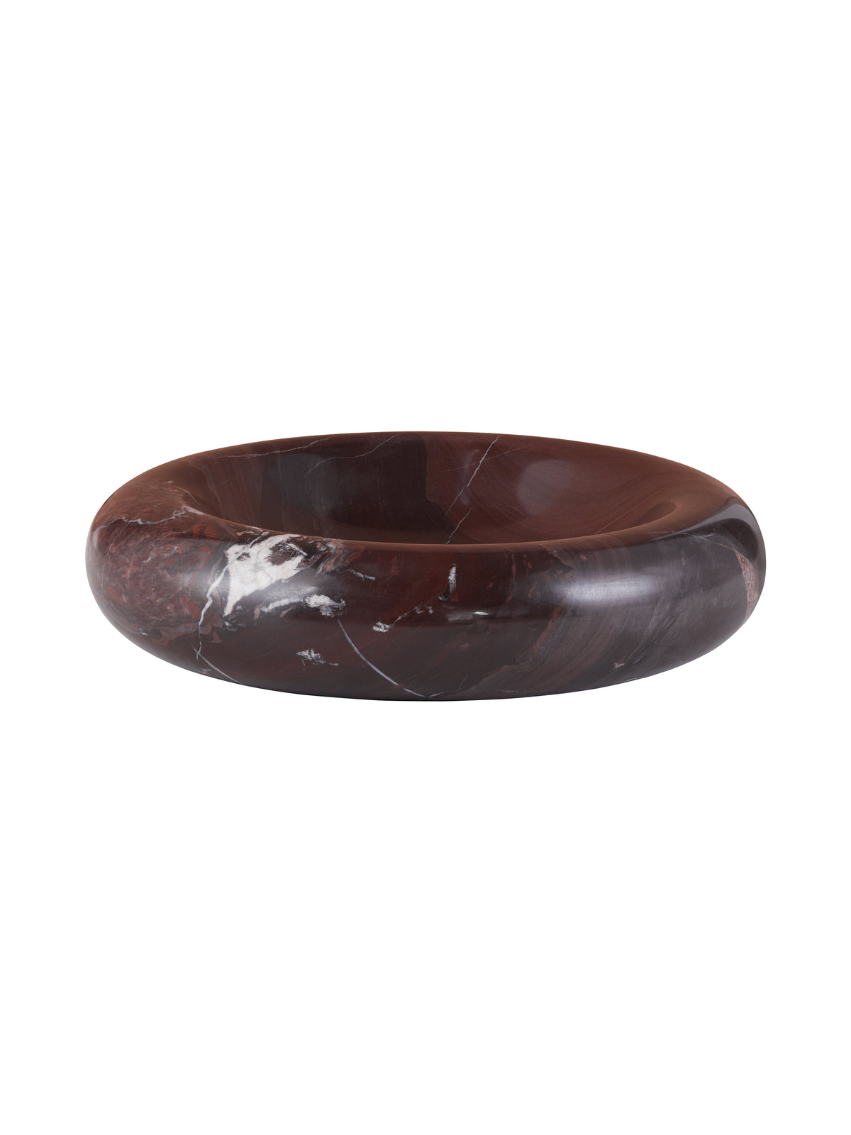 Side view of the polished burgundy marble bowl, showing its curved outer wall and shallow opening.