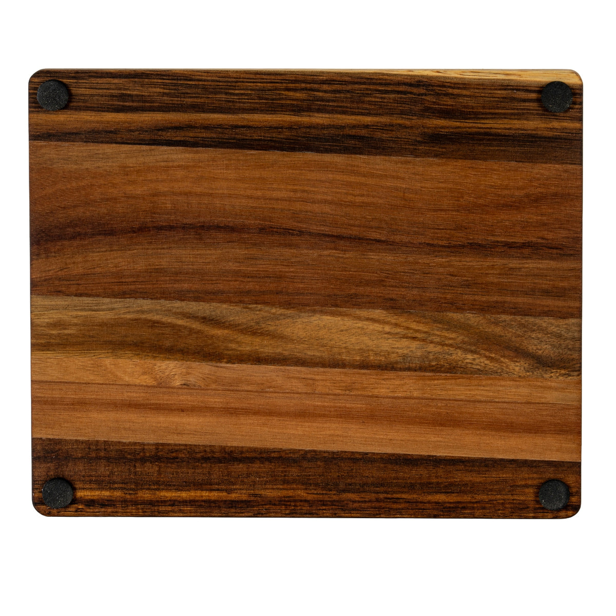 Underside of the rectangular brown wood-grained board, showing rounded corners and four small black circular pads.