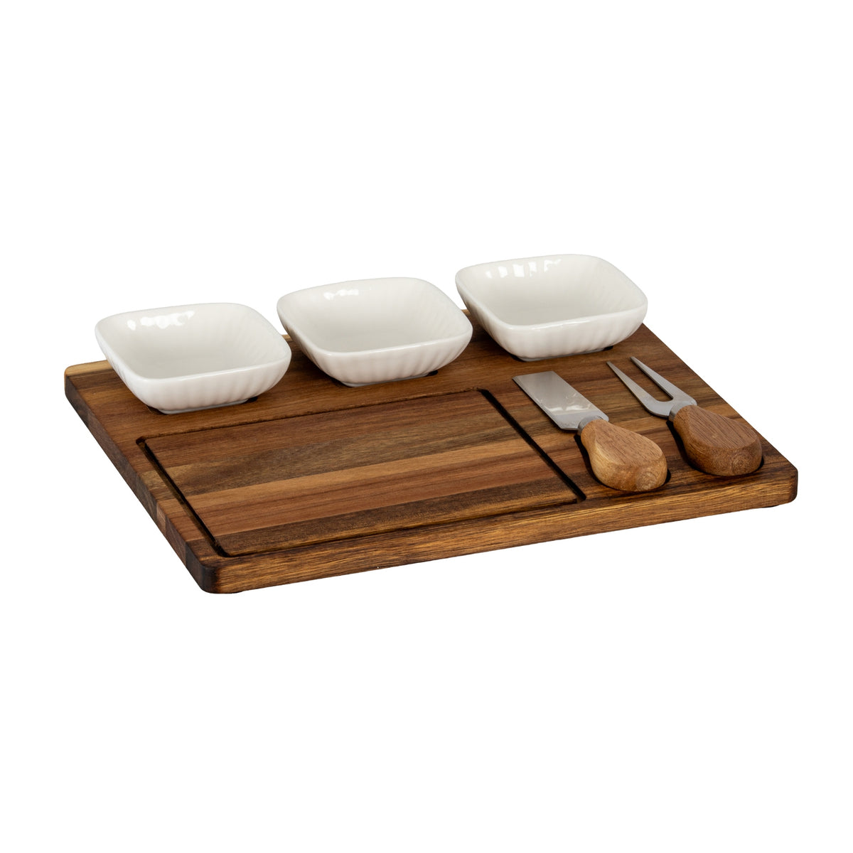 Angled view of the brown wood-grained board arranged with three white bowls along the back and two serving utensils beside the inset centre area.