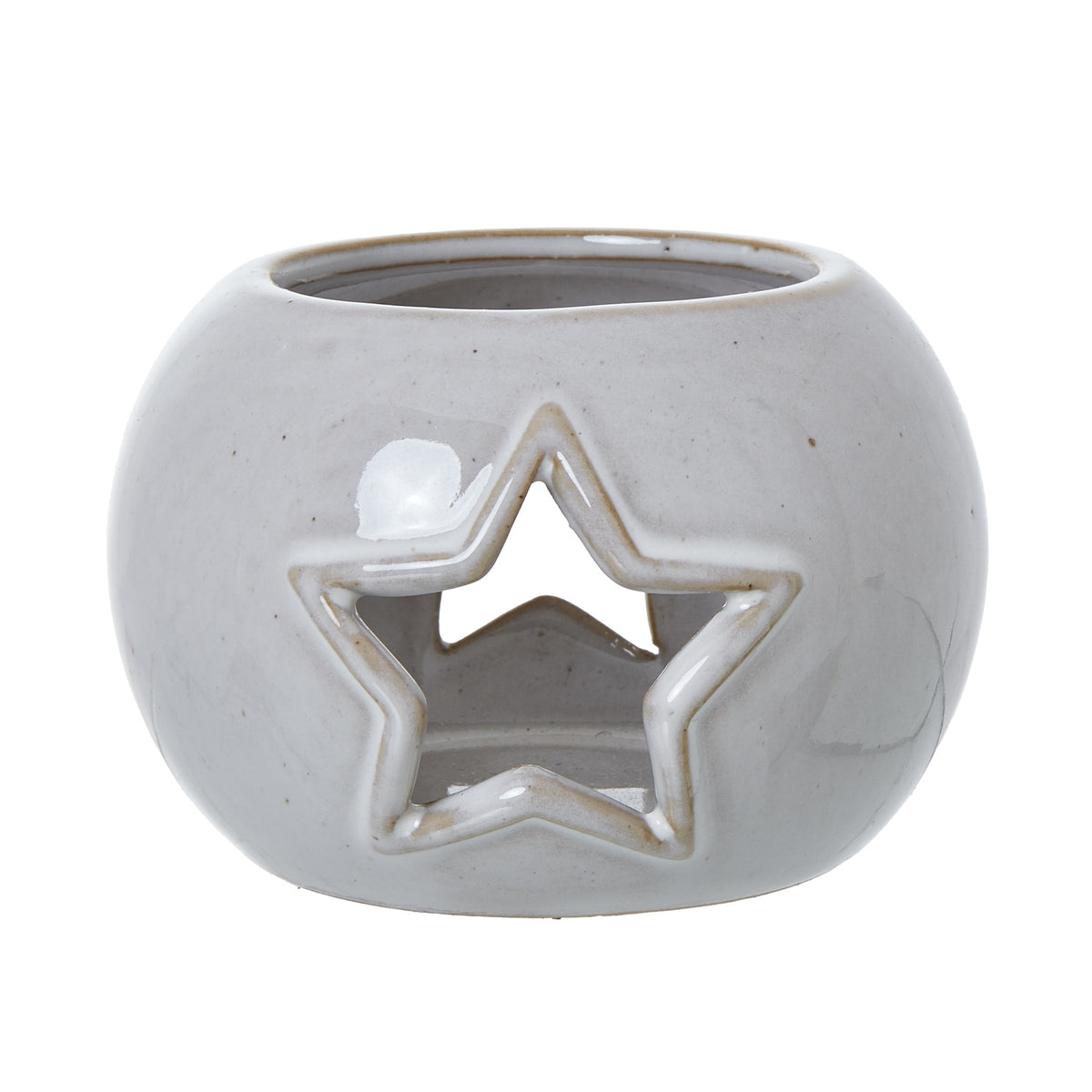 Front view of the rounded off-white candle holder with a tan-edged star opening and circular top rim.