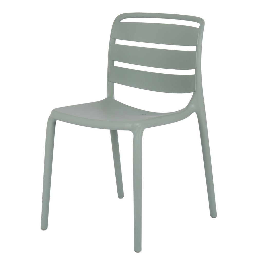 Three-quarter front view of a pale green-grey armless chair with three broad curved back panels, a solid seat and four slim legs.
