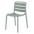 Three-quarter front view of a pale green-grey armless chair with three broad curved back panels, a solid seat and four slim legs.