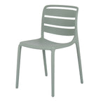 Three-quarter front view of a pale green-grey armless chair with three broad curved back panels, a solid seat and four slim legs.