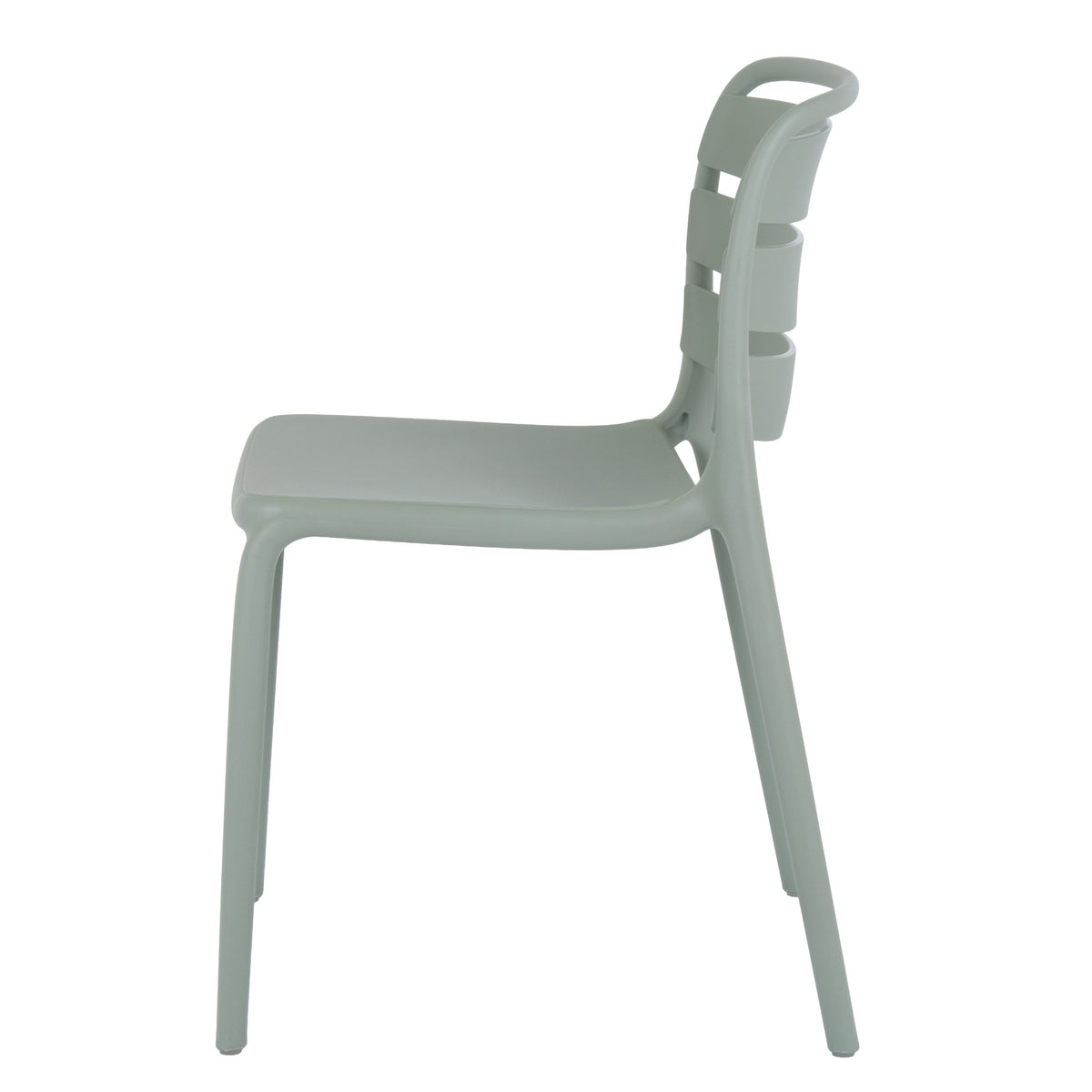 Side view of the green-grey dining chair, showing the curve of its back panels, shallow seat and slightly splayed legs.
