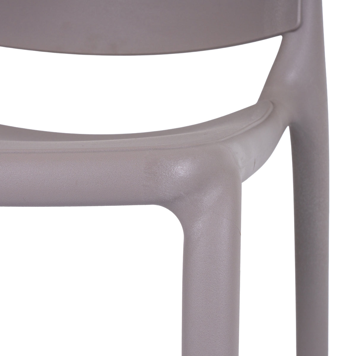 Close-up of the grey chair's seat edge, lower back panel and legs, showing the fine pebbled surface texture.