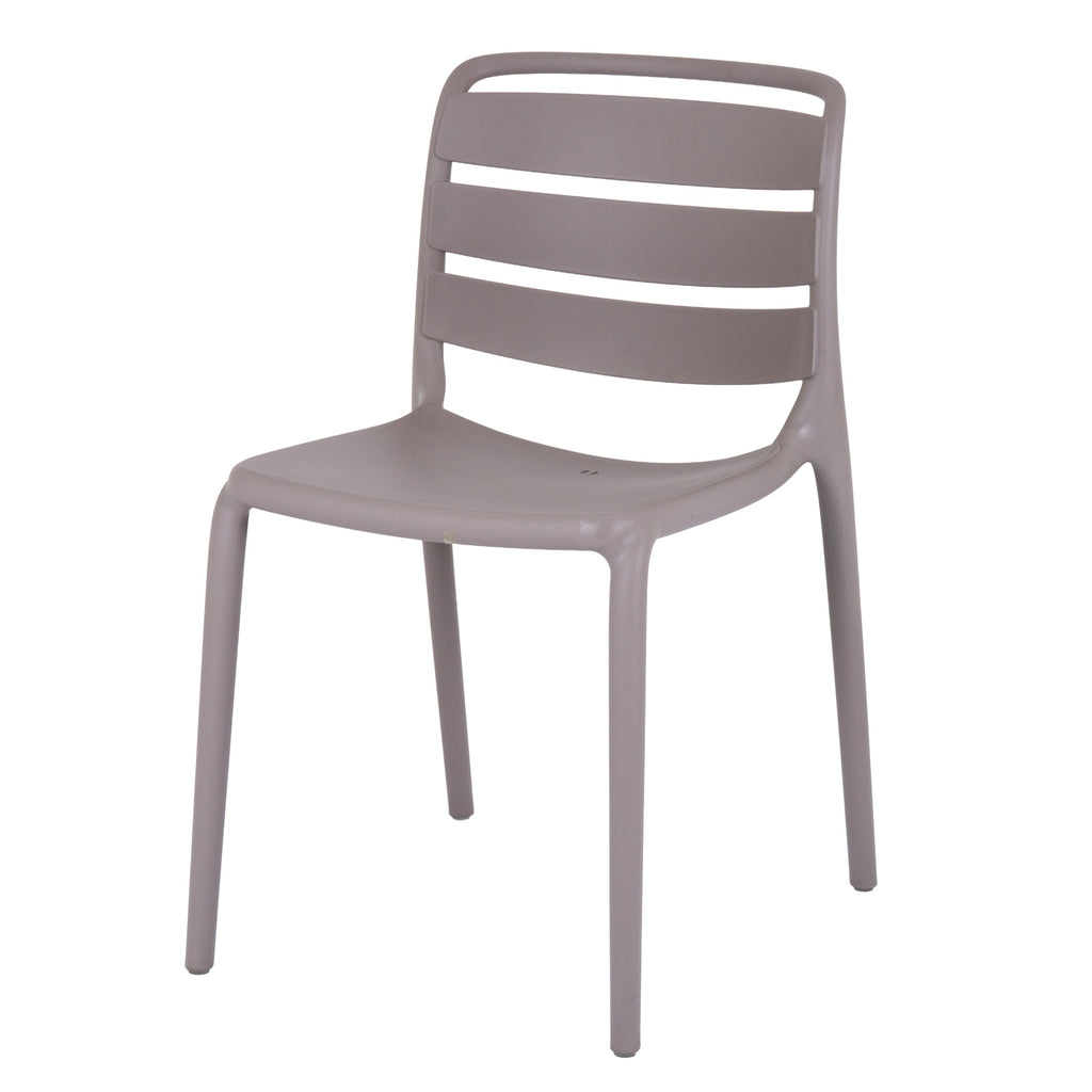 Front three-quarter view of a grey armless dining chair with three broad horizontal back panels, a rounded top rail and four slim legs.
