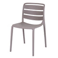 Front three-quarter view of a grey armless dining chair with three broad horizontal back panels, a rounded top rail and four slim legs.