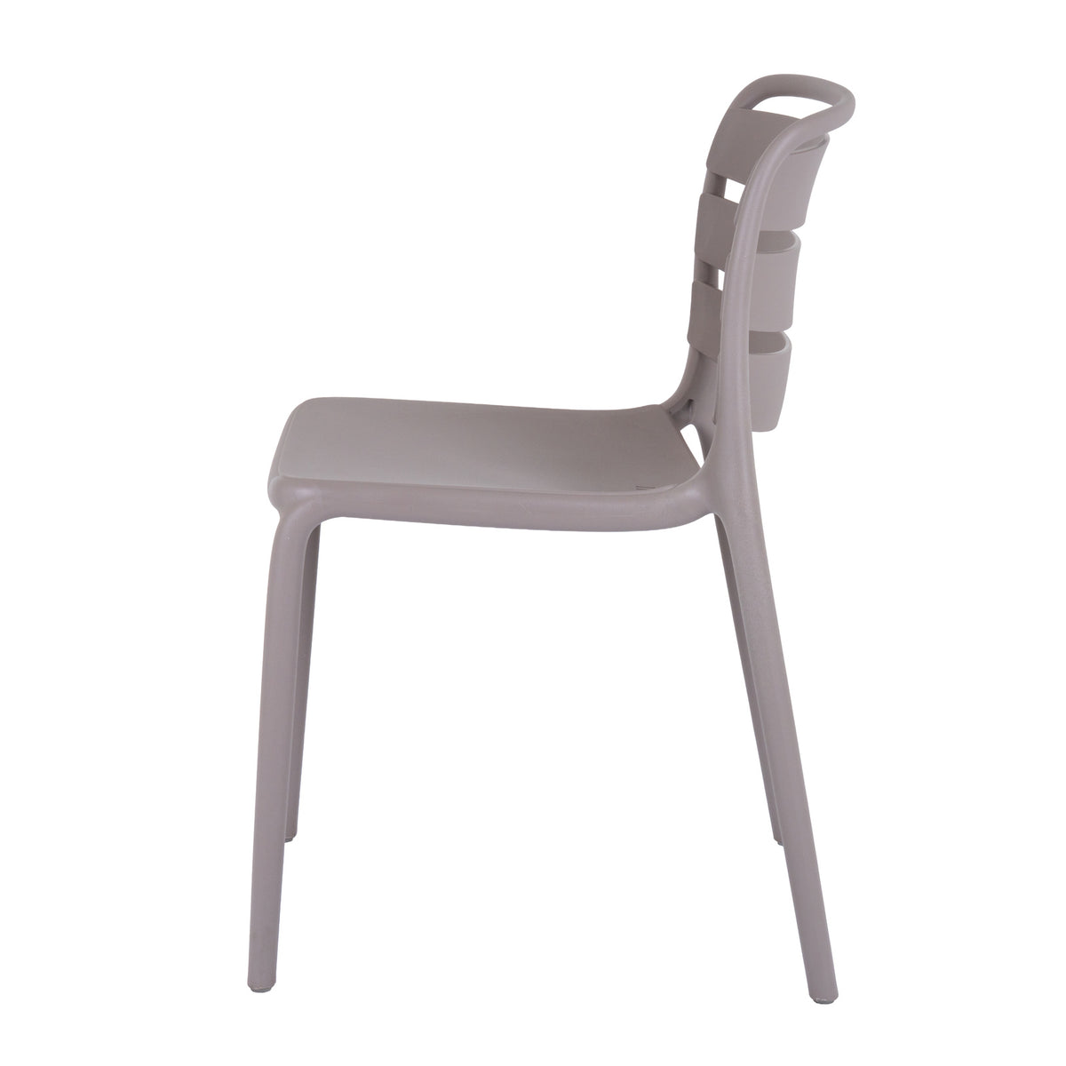 Side view of the grey dining chair showing the curved back panels, shallow seat and slightly splayed legs.