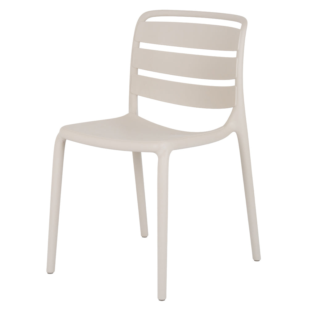 Three-quarter front view of a pale putty armless chair with three broad back panels, a rounded upper frame and four slim legs.