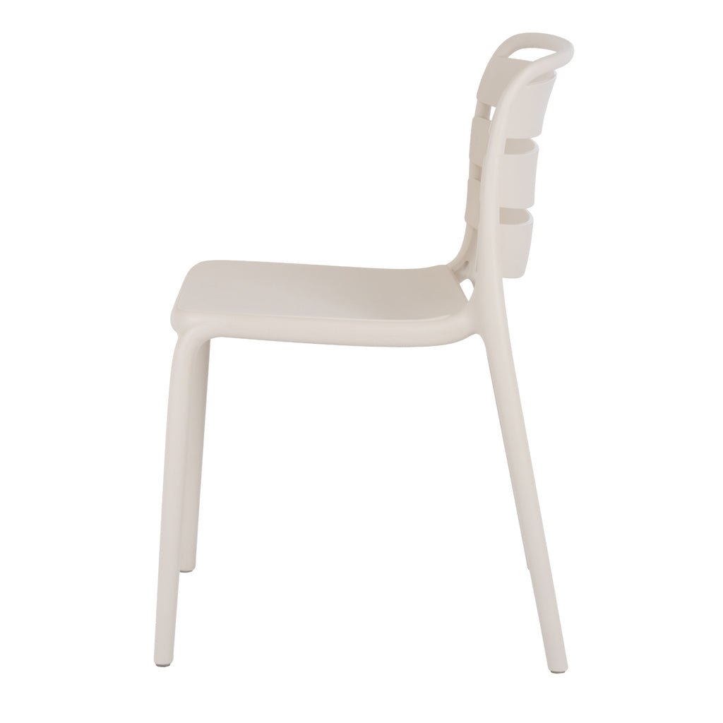 Side view of the putty chair showing its shallow seat, curved back panels and slightly splayed legs.