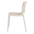 Side view of the putty chair showing its shallow seat, curved back panels and slightly splayed legs.