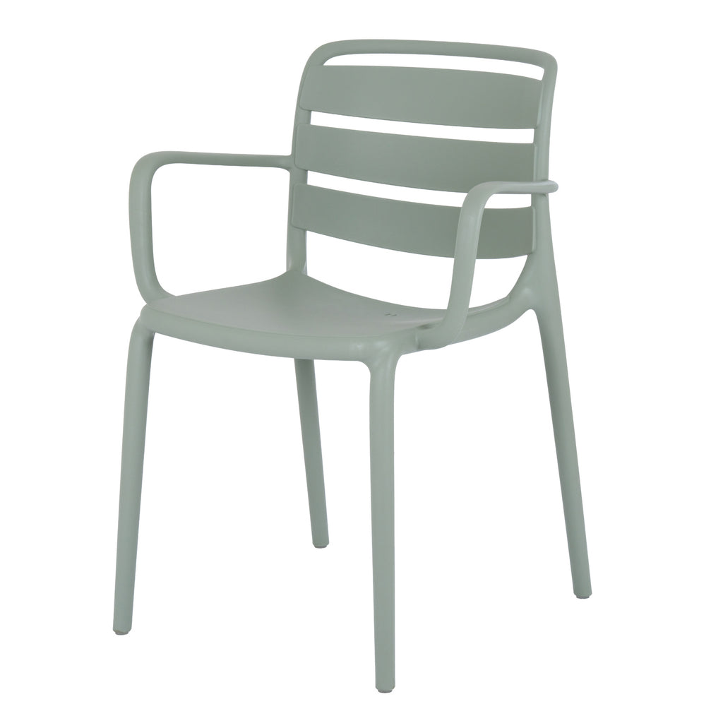 Front three-quarter view of a pale green-grey dining chair with three curved back panels, open arms and four slim legs.