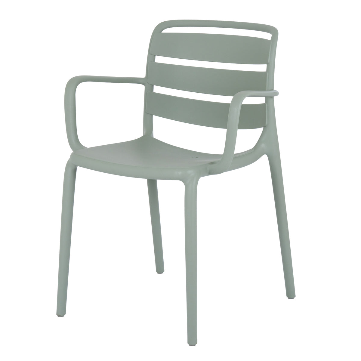 Front three-quarter view of a pale green-grey dining chair with three curved back panels, open arms and four slim legs.