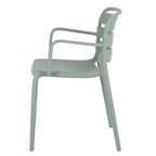 Side view of the green-grey dining chair showing its curved back panels, open arm profile and slightly splayed rear legs.