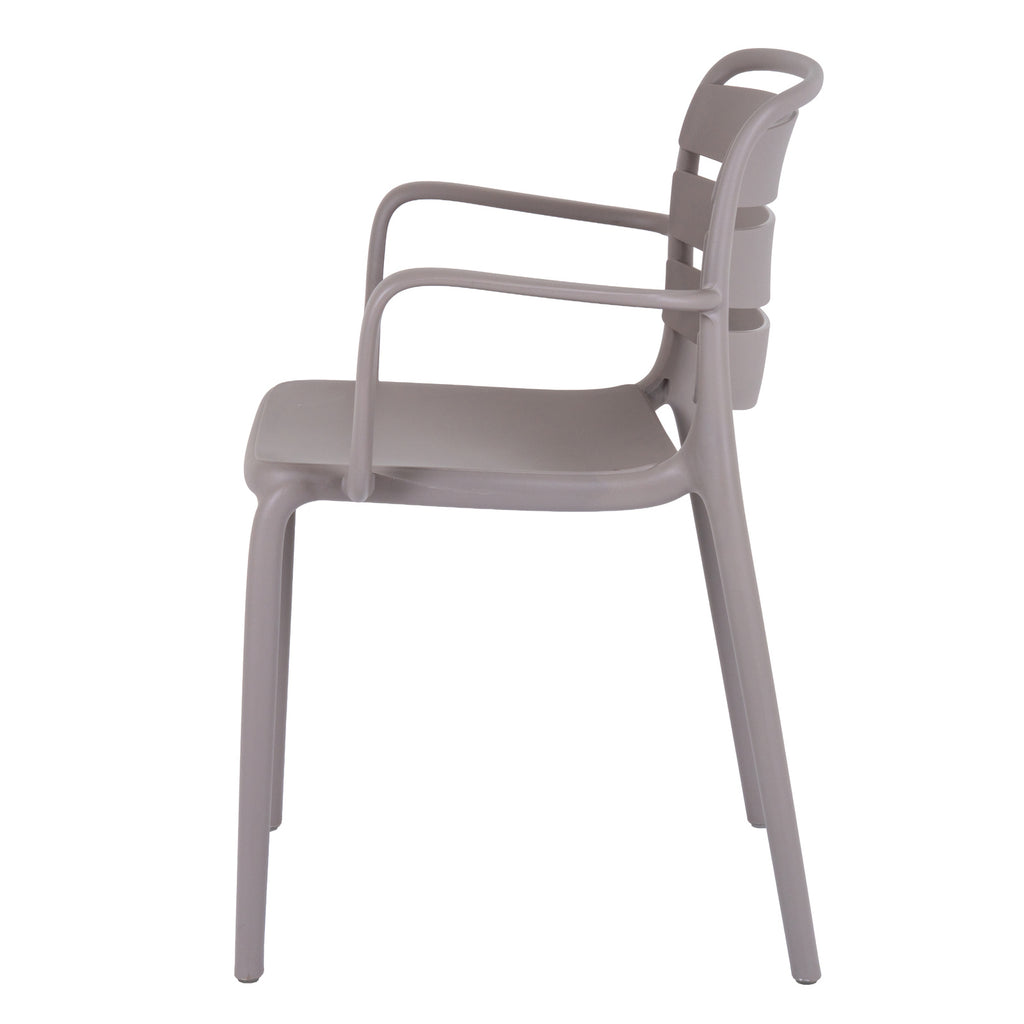 Side view of the grey dining chair showing its rounded arms, shallow seat and curved horizontal back panels.