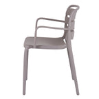 Side view of the grey dining chair showing its rounded arms, shallow seat and curved horizontal back panels.