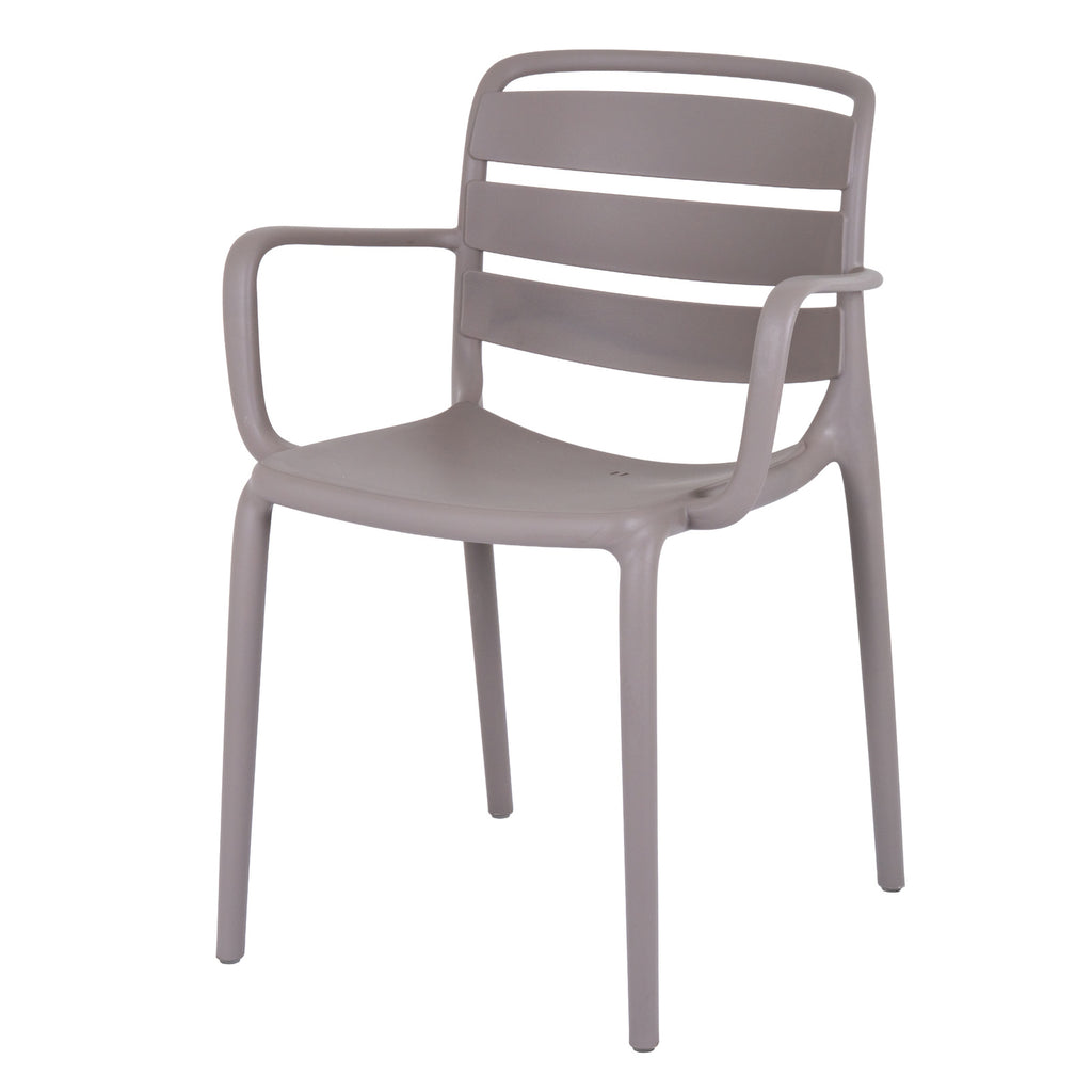 Three-quarter front view of a stone-grey dining chair with three broad back panels, open curved arms and four slim legs.