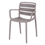 Three-quarter front view of a stone-grey dining chair with three broad back panels, open curved arms and four slim legs.