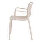 Side view of the putty dining chair showing the curved arms, shallow seat and projecting curves of the three back panels.
