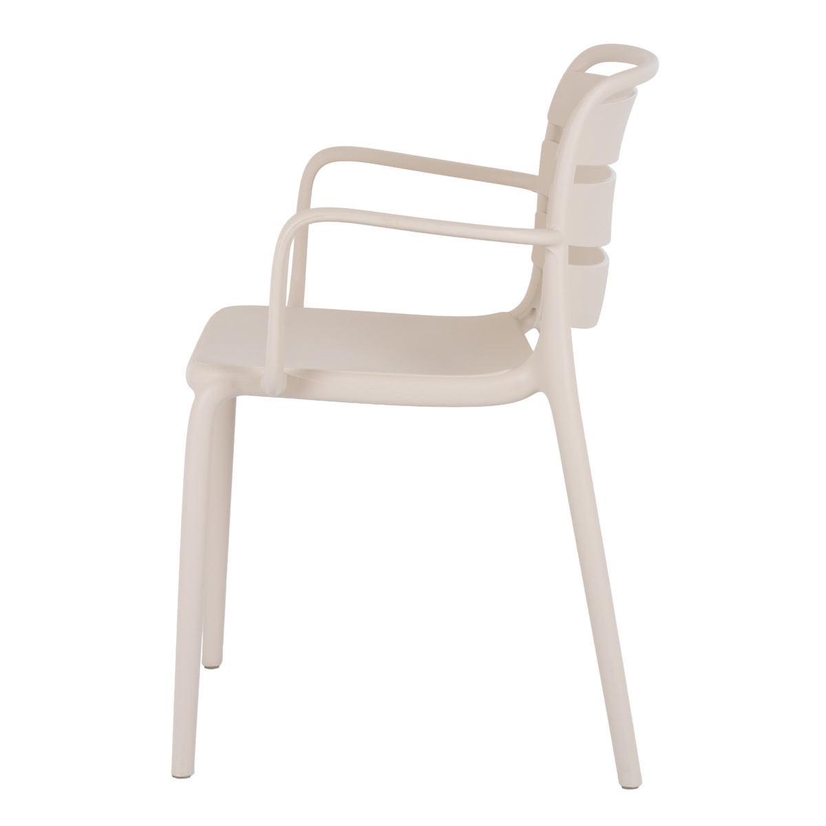 Side view of the putty dining chair showing the curved arms, shallow seat and projecting curves of the three back panels.